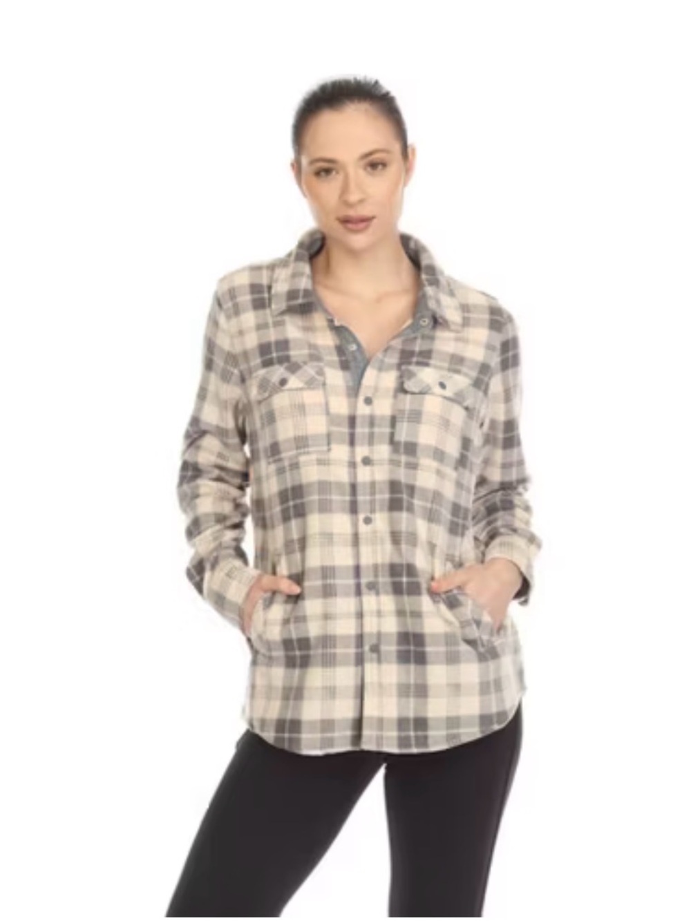 ONeill Soft Fleece Plaid Long Sleeve Snap Shirt Womens Large Pink Grey Pockets - Picture 2 of 13